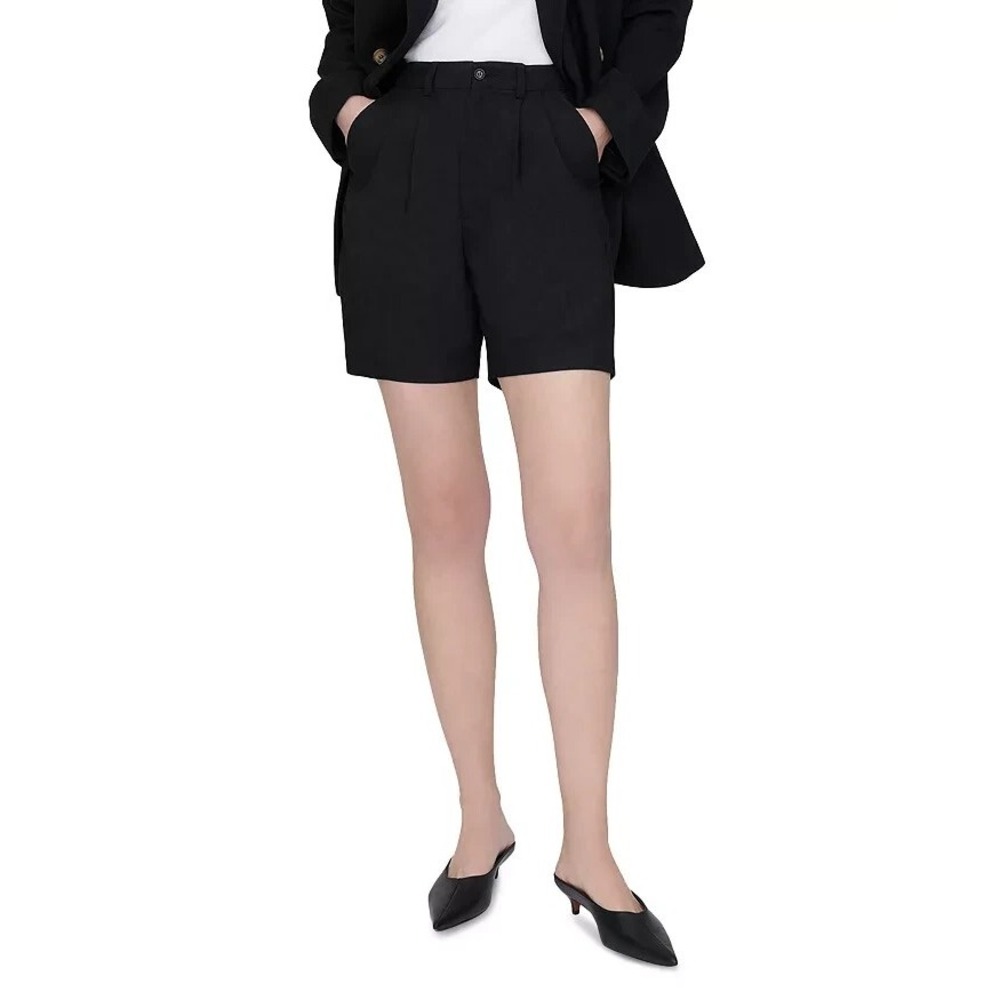 Anine Bing Women's Carrie Black Wool Blend Pleated High Waist Shorts- Size 8